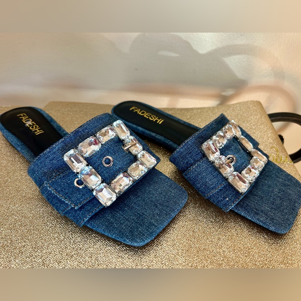 Denim Mules with Crystal Buckle